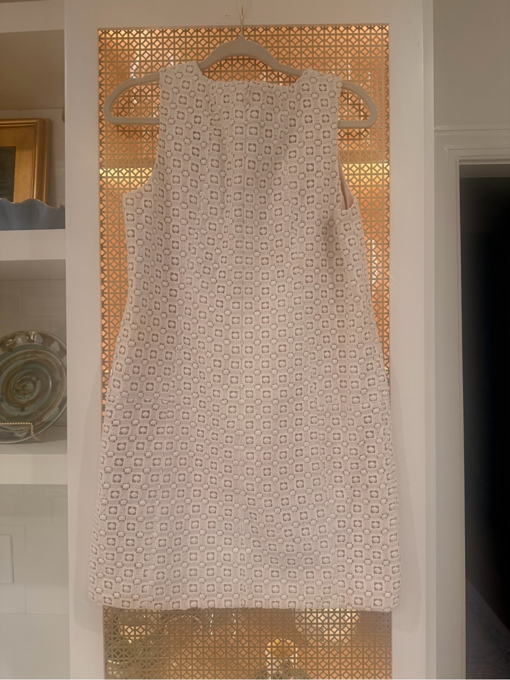 Tibi Sonoran Cotton Geometric Eyelet Overlay Shift Dress sz 6 Neutral EUC - Picture 3 of 5